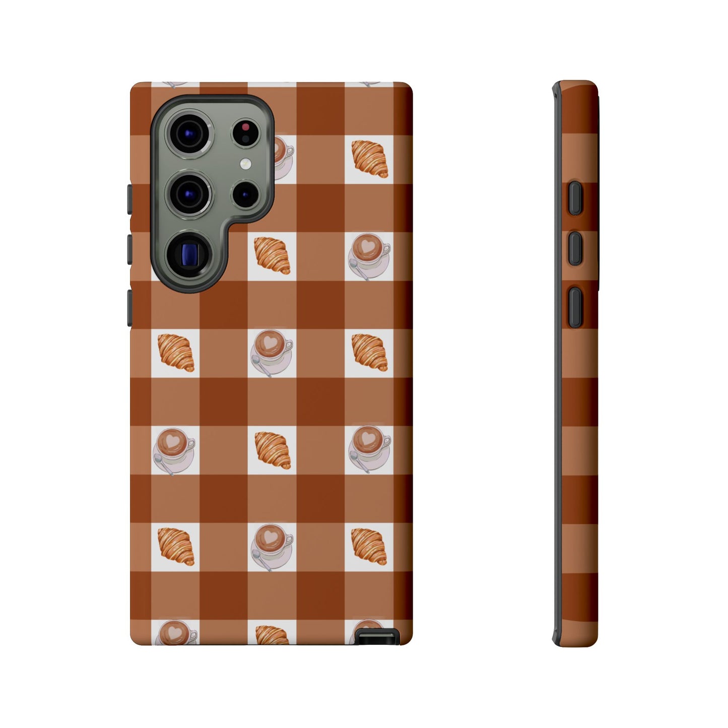 Chic Coffee & Croissant Gingham Plaid Tough Phone Case