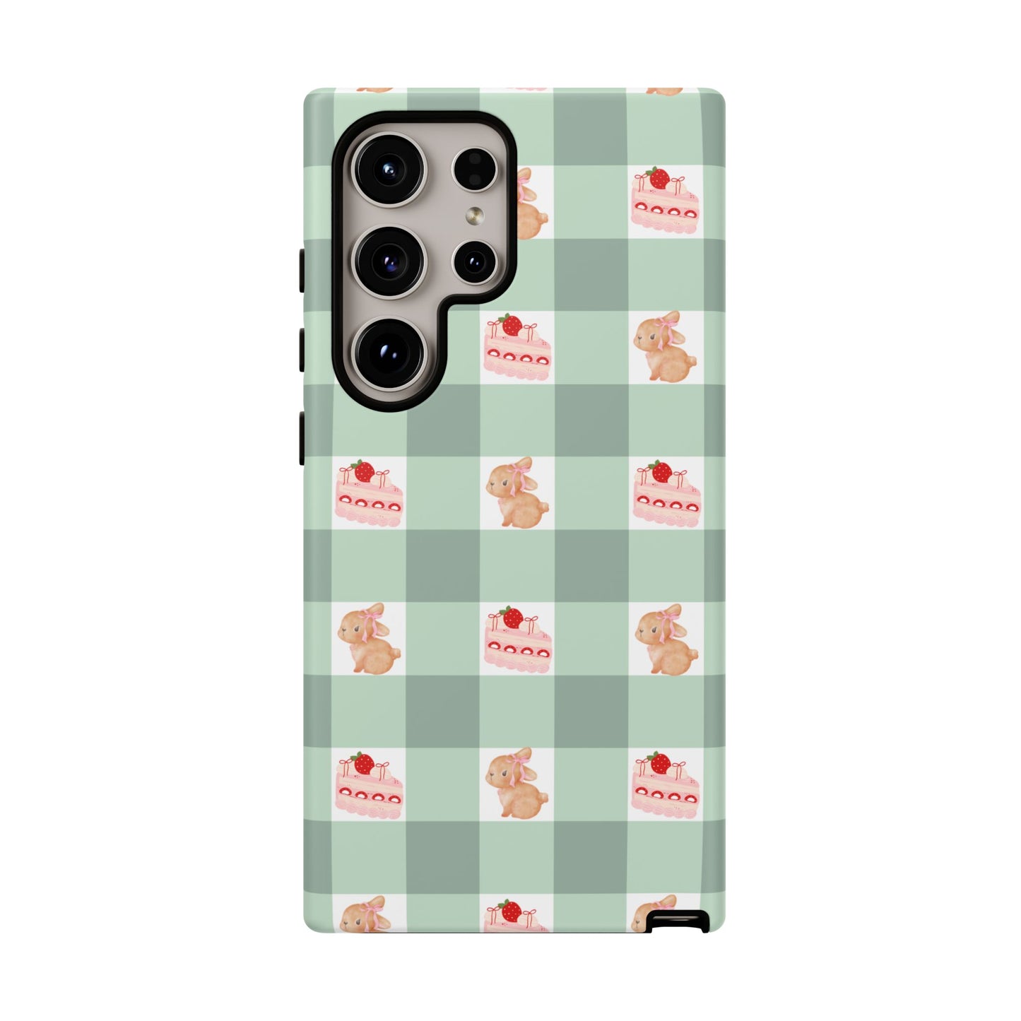 Cute Bunny & Strawberry Cream Cake Gingham Plaid Aesthetic Tough Phone Case