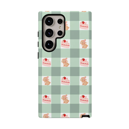 Cute Bunny & Strawberry Cream Cake Gingham Plaid Aesthetic Tough Phone Case