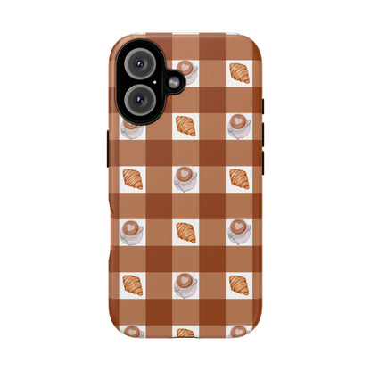 Chic Coffee & Croissant Gingham Plaid Tough Phone Case