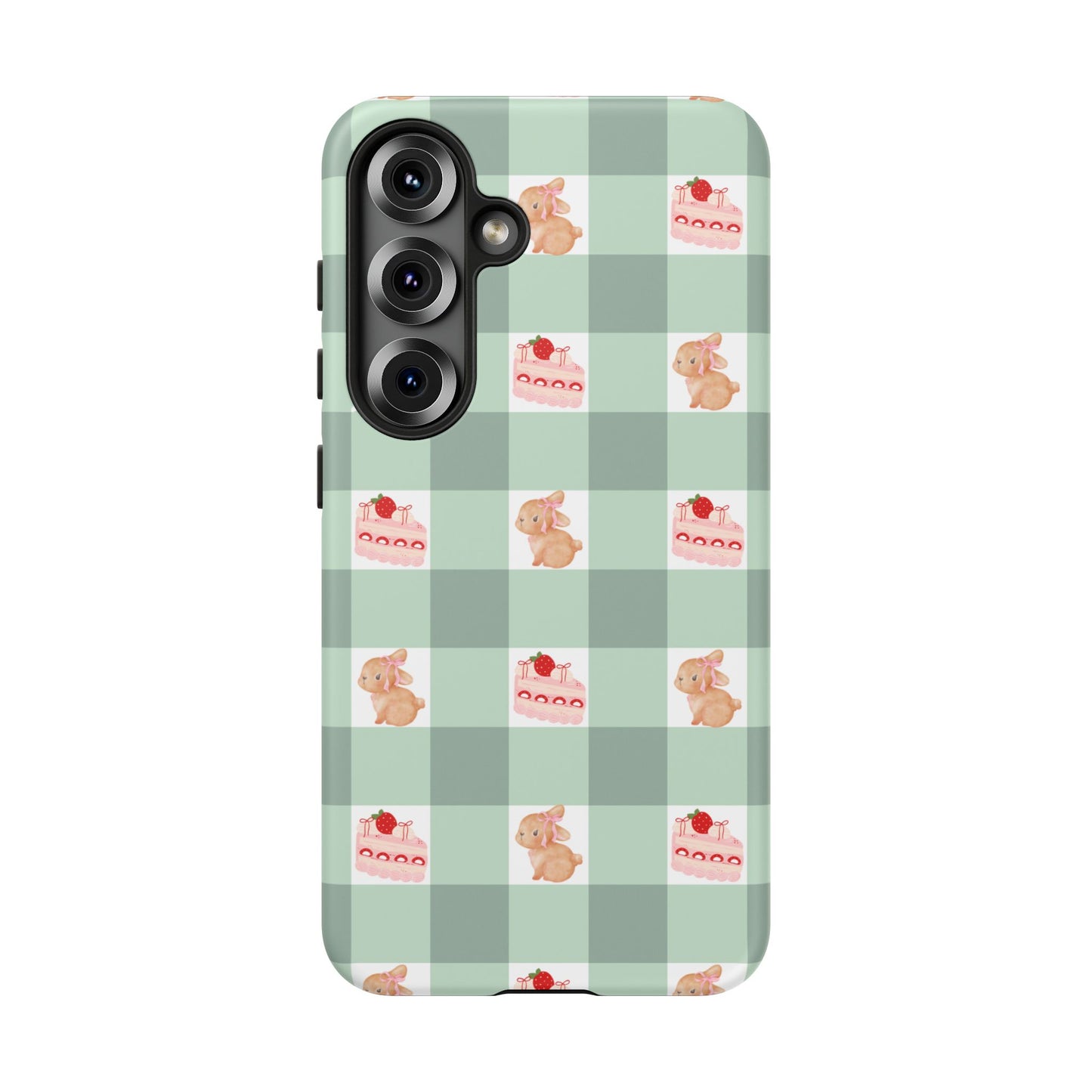 Cute Bunny & Strawberry Cream Cake Gingham Plaid Aesthetic Tough Phone Case
