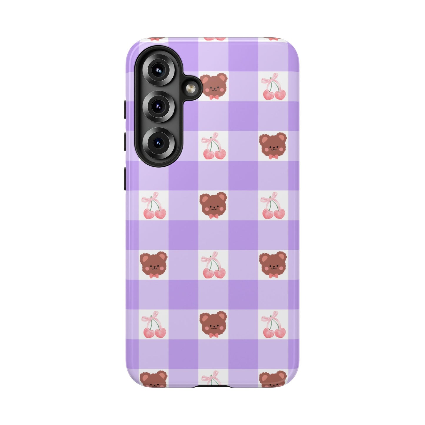 Cute Cherry & Bear Aesthetic Gingham Plaid Tough Phone Case