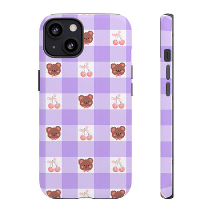 Cute Cherry & Bear Aesthetic Gingham Plaid Tough Phone Case