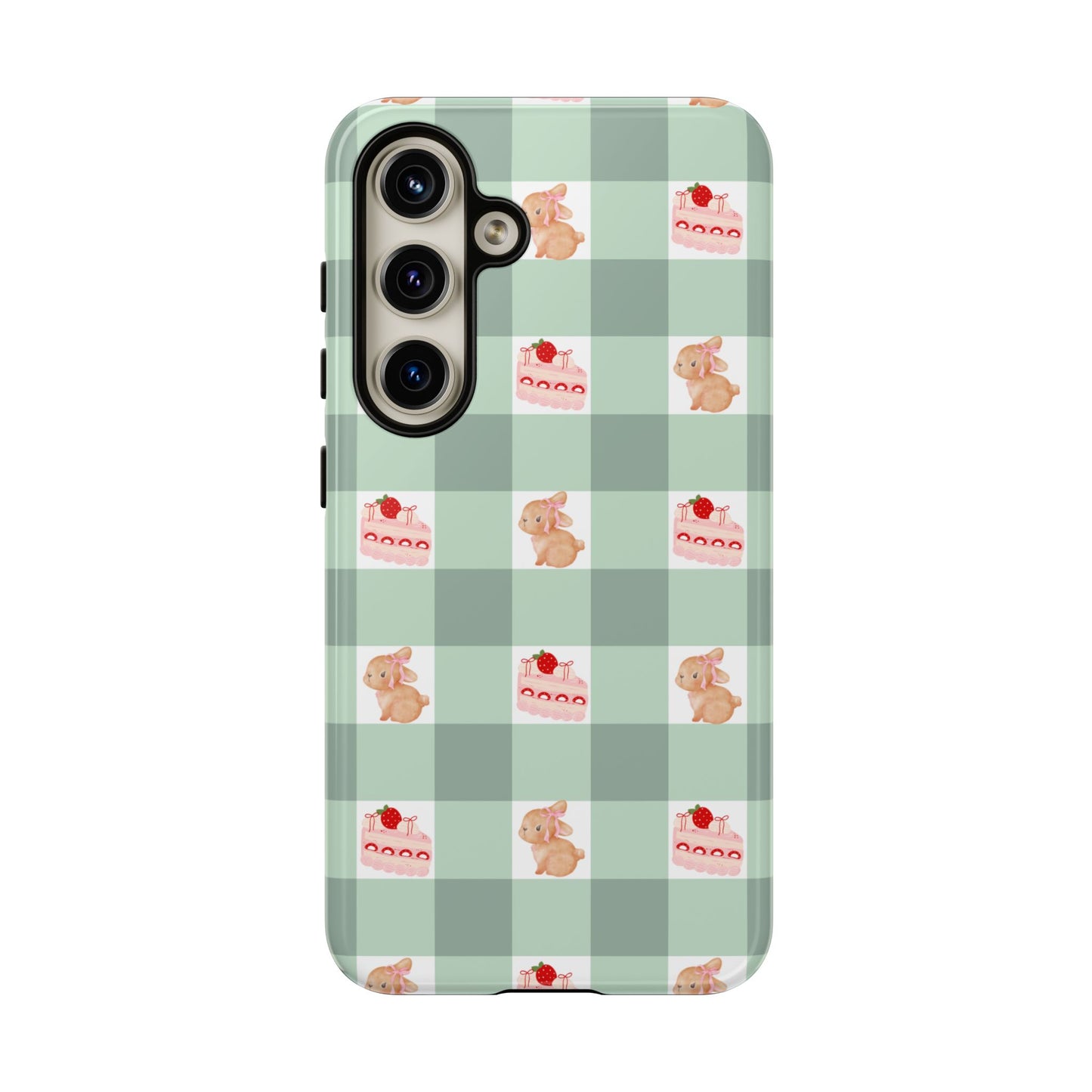 Cute Bunny & Strawberry Cream Cake Gingham Plaid Aesthetic Tough Phone Case