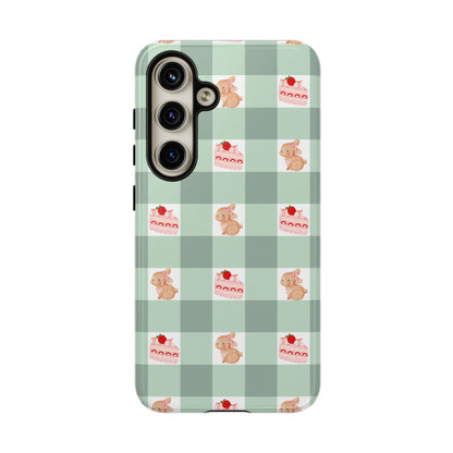 Cute Bunny & Strawberry Cream Cake Gingham Plaid Aesthetic Tough Phone Case
