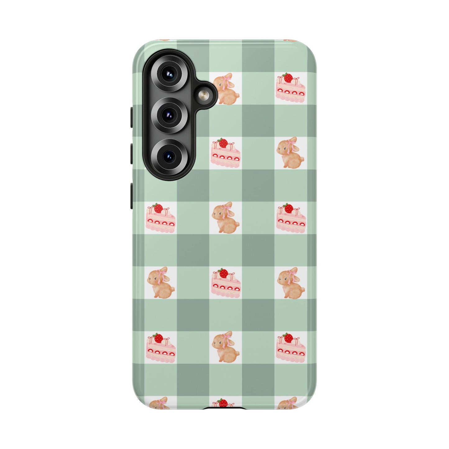 Cute Bunny & Strawberry Cream Cake Gingham Plaid Aesthetic Tough Phone Case