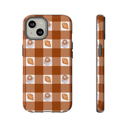 Chic Coffee & Croissant Gingham Plaid Tough Phone Case