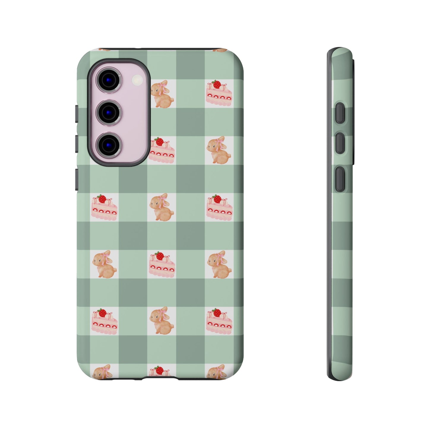 Cute Bunny & Strawberry Cream Cake Gingham Plaid Aesthetic Tough Phone Case