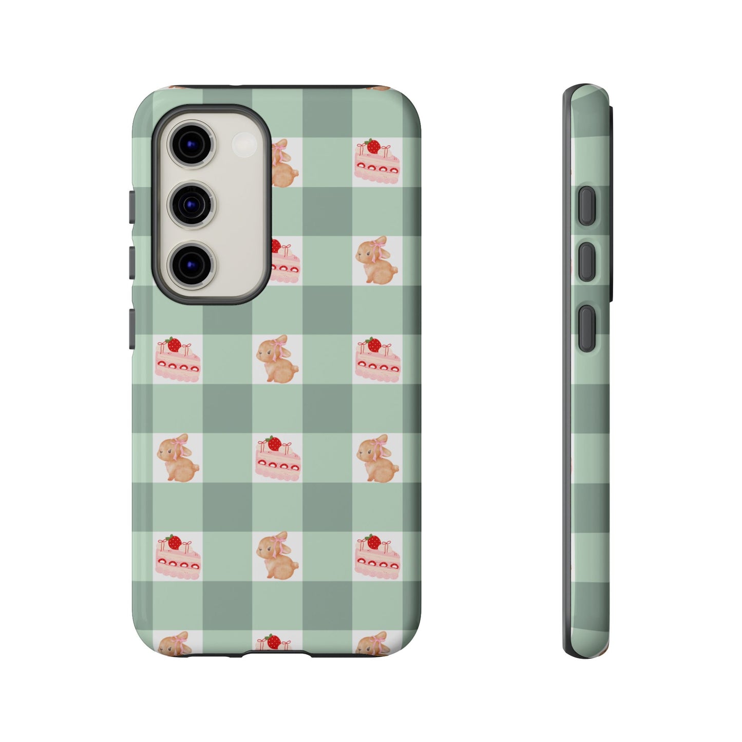 Cute Bunny & Strawberry Cream Cake Gingham Plaid Aesthetic Tough Phone Case